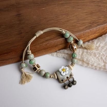 Handcrafted Bohemian Ceramic Flower Bracelet with Leaf Charm, Adjustable Beaded Bracelet for Women, Unique Handmade Jewelry Gift for Nature Lovers - style: Bohemian