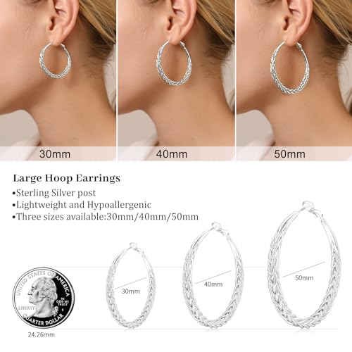 Senteria 925 Sterling Silver Post Twisted Hoop Earrings for Women 30-50MM | Hypoallergenic Large Silver Hoop Earrings for Women,Lightweight Thick Weave Braid Hoops,Nickel Lead-Free for Sensitive Ears - color: 40MM Silver