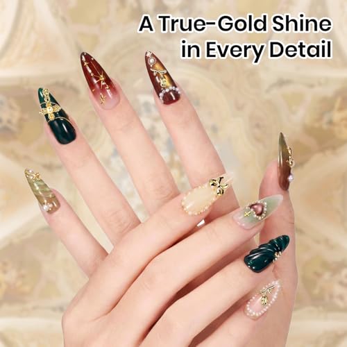 Beetles Gold Nail Charms Set 54PCS Metallic Nail Art Tools | Bows Cross Butterfly Heart Pearl and Flowers 3D Nails Charms and Gems for Nails Art Design Gold Metal Manicure Accessories - color: 3D Nail Charms-Metal