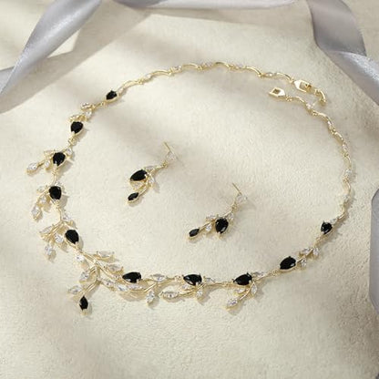 Cubic Zirconia Leaf Vine Wedding Jewelry Set for Bride Women Bridesmaid | Pear-Shaped Birthstone, Necklace Dangle Earrings for Bridesmaid, Silver-Plated-Brass - color: 2pcs_Black Gold-Plated-Brass