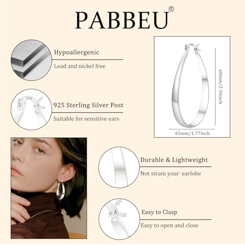 PABBEU Sterling Silver Hoop Earrings for Women, Lightweight Large Oval Hoops Earrings, Hypoallergenic Silver Hoop Earring for Women Gifts 30/40/50/60MM - color: silver 45*60mm/ 1.77*2.36in