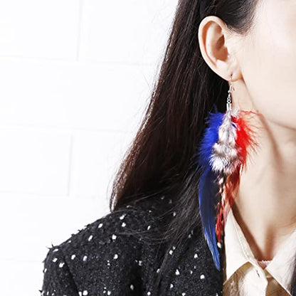 Long Bohemian Pheasant Feathers Statement Earrings Handmade Natural Lightweight Feather Dangle Earrings for Women (ea000067) - color: Red&Blue A