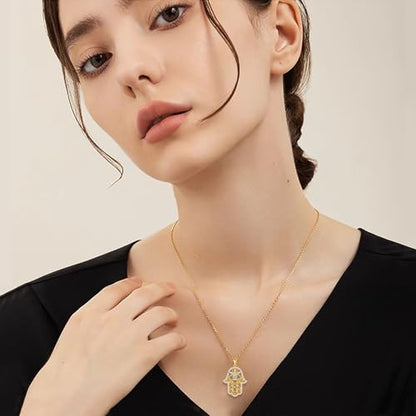 Hamsa Necklace 925 Sterling Silver Evil Eye/Lotus Flower/Star of David/Chai/Yin Yang Hamsa Hand Pendant Jewelry Hand of Fatima Gifts for Women - style: Evil Eye-Gold