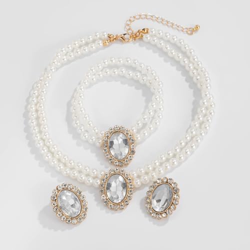 3Pcs Dainty Elegant Imitation Pearl Beaded Choker Necklace Bracelets Earrings Set Handmade Adjustable Faux Pearl Necklace for Women Bridal Wedding Party Prom Birthday Valentine Jewelry Gifts - color: B white