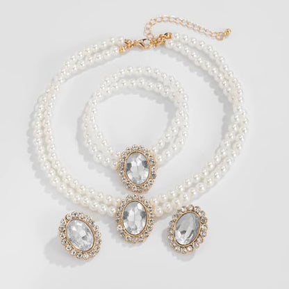 3Pcs Dainty Elegant Imitation Pearl Beaded Choker Necklace Bracelets Earrings Set Handmade Adjustable Faux Pearl Necklace for Women Bridal Wedding Party Prom Birthday Valentine Jewelry Gifts - color: B white