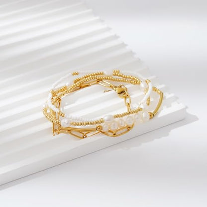 Dainty Gold Plated Pearl Crystal Beaded Bracelets Set for Women 14K Gold Plated Bead Pearl Beads Bracelet Stackable Paperclip Link Chain Bracelets Gold Plated Bracelets for Women Trendy Jewelry - color: Style3-pearl gold bead set