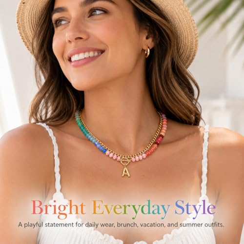 Colorful Beaded Bubble Letter Necklace For Women, Boho Double Layer Dopamine Rainbow Resin Beads Thick Cuban Chain Chunky With Initials Pendant Necklaces Summer Beach Jewelry Gift ﻿ - color: Dop M