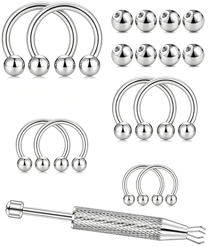 Oufksiyy 16G Horseshoe Septum Rings 6/8/10/12mm with Tool & Ball Grabber,Hypoallergenic for Nose,Rook,Cartilage,Helix,Lips-Silver Gold 316L Surgical Steel Septum Piercing jewelry - color: Silver Tone-16 G(1.2MM)