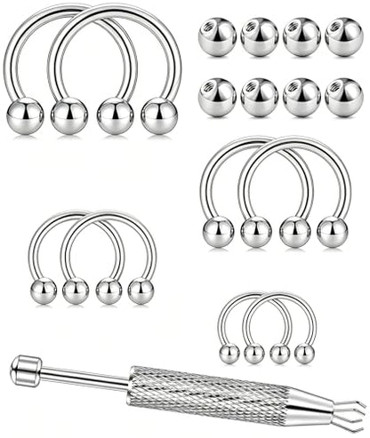 Oufksiyy 16G Horseshoe Septum Rings 6/8/10/12mm with Tool & Ball Grabber,Hypoallergenic for Nose,Rook,Cartilage,Helix,Lips-Silver Gold 316L Surgical Steel Septum Piercing jewelry - color: Silver Tone-16 G(1.2MM)
