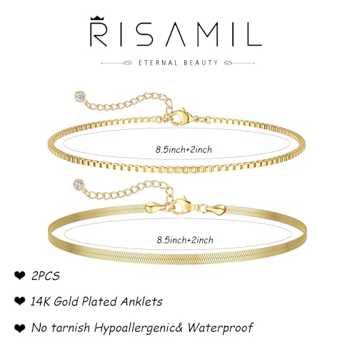 Risamil 14K Gold Plated Ankle Bracelets for Women, Anklets for Women Waterproof Layered Ankle Bracelets for Women Teen Girl Herringbone Anklet Set Summer Foot Jewelry Gifts - color: 2PCS-02