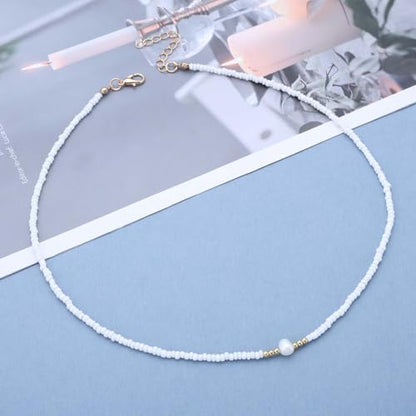 Andelaisi Boho Seed Bead Necklace Vintage Rice Bead Chain Necklace Tiny Ball Chain Choker Single Pearl Collar Hawaiian Beach Collarbone for Women (White)