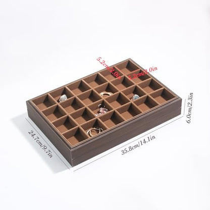 Wood Jewelry Organizer Tray, Earrings Holder (Brown, 2Pc, 24 Grids) | Stackable Earrings Organizer, Earrings Display Tray, 24 Grids Ring Holder, Space-Saving Storage - size: 24Grids+24Grids