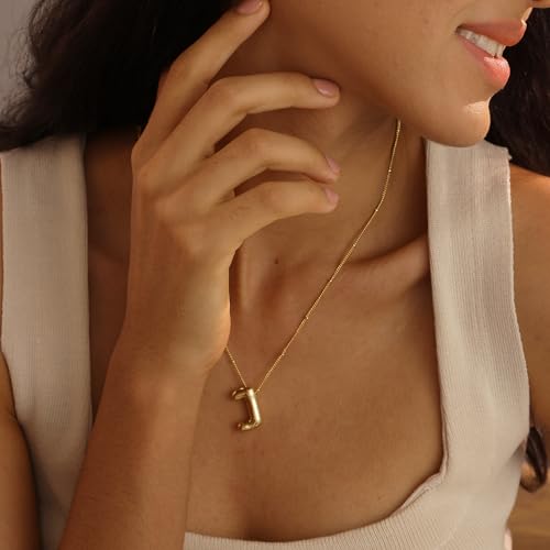 Ewrkbrㅤ Initial Necklaces for Women, 14k Gold Plated Bubble Letter Necklace Chunky Gold Necklace Dainty Charm Initial Necklaces for Women Trendy Custom Preppy Stocking Stuff Necklace Christmas Gifts - color: Gold, style: J