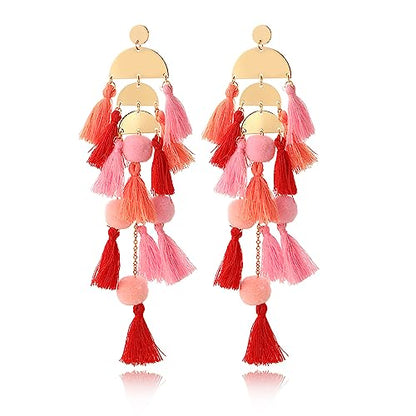 Long Tassel Earrings for Women Colorful Fringe Drop Dangle Earrings Bohemian Hawaiian Summer Beach Jewelry for Womens Vacation Outfits - color: Pink