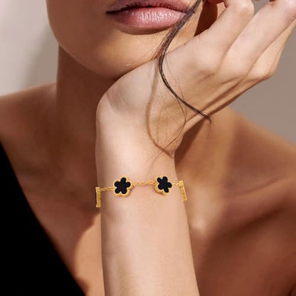 Women Gold Bracelets Jewelry Set - 3Pcs 18K Gold Plated Floral Bracelet,Stainless Steel Charm Bracelet Non-Tarnish,Adjustable Lucky Chain Trendy Gift,Christmas Valentines Birthday Gifts for Girlfriend - style: Black-3pcs