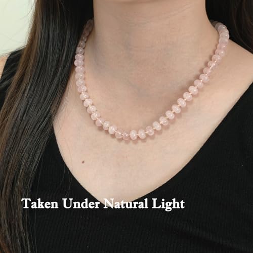 Boho Gemstone Beaded Necklace for Women – Colorful Natural Stone Choker 18K Solid Heart-Shaped Pendant, Summer Beach Jewelry - color: Rose Quartz