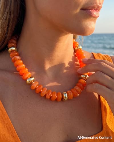 FIRAZIO Colorful Chunky Beaded Necklaces for Women | Trendy Statement Necklace Choker Necklace Boho Summer Beach Vacation Jewelry Gift - color: Orange Beaded