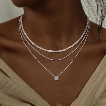 CHESKY Layered Silver Necklace for Women Trendy,Dainty Silver Plated Stackable Charm Necklace Layering Paperclip Tennis Rope Chain CZ Pendant Jewelry Set Gifts - style: tennis