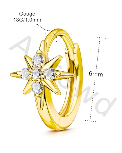 Clicker Rook Earrings, 20G Star Rook Piercing Jewelry, Stainless Steel Helix lobe Earrings Silver/Gold - color: YG-6MM
