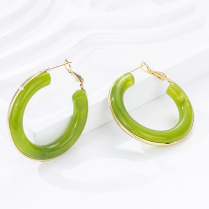 Chunky Gold Resin Hoop Earrings Leverback Statement Huggie Hoops Dangle Drop Dressy Earring Prom Festival Vacation Jewelry for Women - color: Green, size: Hoop