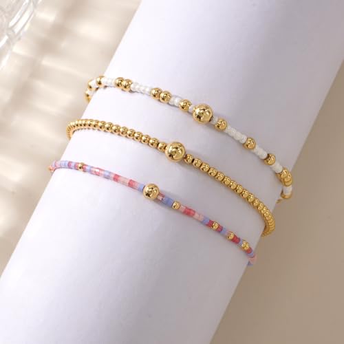 Gold Beaded Bracelet Stack for Women Colorful Small Seed Beads Bracelets Set Boho 14K Gold Plated Ball Stackable Stretch Non-Tarnish Dainty Jewelry Trendy Accessory Friendship Gift - color: pink and white