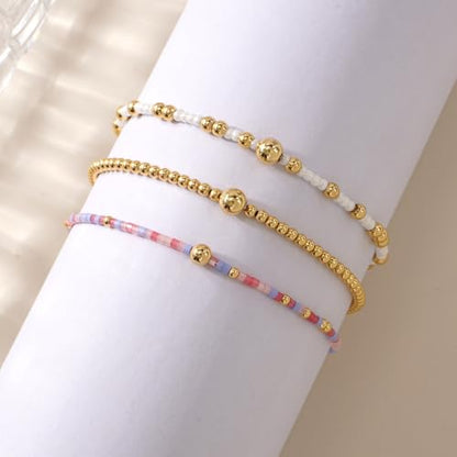 Gold Beaded Bracelet Stack for Women Colorful Small Seed Beads Bracelets Set Boho 14K Gold Plated Ball Stackable Stretch Non-Tarnish Dainty Jewelry Trendy Accessory Friendship Gift - color: pink and white
