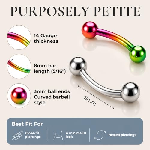 Forbidden Body Jewelry Surgical Steel Petite Belly Button Rings Curved Navel Barbell Set 14G 5/16 Inch 3mm End Balls - style: Steel/Rainbow