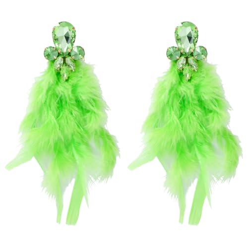 Long Feather Earrings for Women Bohemian Crystal Zirconia Dangle Feather Earrings Crystal Tassel Feather Earrings Wedding Halloween Prom Jewelry - color: Green