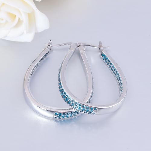 925 Sterling Silver Post Hoop Earrings for Women Gilrs Multcolors Cubic Zircon Hoops 14K Gold Plated Oval Chunky Hoop Earrings Jewelry Gift for Mothers Day/July 4th/Wedding/Party/Christmas - color: Light Blue