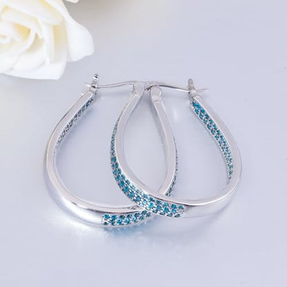 925 Sterling Silver Post Hoop Earrings for Women Gilrs Multcolors Cubic Zircon Hoops 14K Gold Plated Oval Chunky Hoop Earrings Jewelry Gift for Mothers Day/July 4th/Wedding/Party/Christmas - color: Light Blue