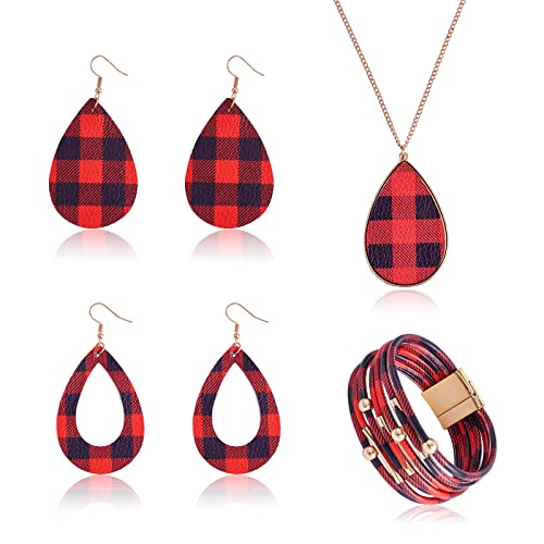 Ornaland 4 Pcs Leather Earrings Necklace Bracelet Set Print Earrings Faux Leather Necklace Multi-Layer Bracelet Jewelry Set Gifts for Women - color: A2