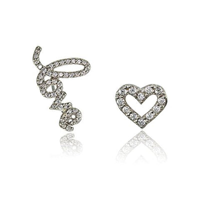 Hoops & Loops 925 Sterling Silver Cubic Zirconia Heart Stud & LOVE Climber Crawler Earrings Set for Women, 2 Pairs Silver, Yellow & Rose Gold - color: Silver