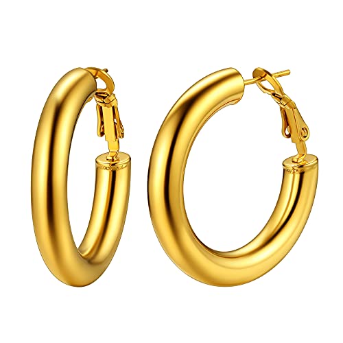 ChainsHouse 30/40/60/80mm Hoop Earrings for Women,Chunky Earrings in 18K Gold Plated/Silver/Black,Minimalist Jewelry Round Tube Hoops Fits Sensitive Ears|Hypoallergenic&Waterproof,with Gift Box - color: F:gold plated-round tube, size: 30MM