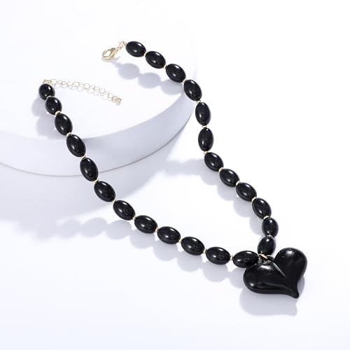 Chunky Beaded Necklaces for Women Trendy Colorful Acrylic Bead Statement Necklace Puffy Heart Pendent Necklaces for Women Boho Fashion Jewelry - color: B-black
