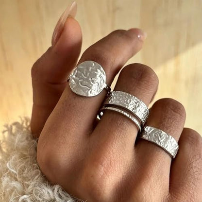 3Pcs Gold Chunky Hammered Geometric Open Ring Set for Women,Boho Retro Textured Stackable Band Statement Rings Modern Minimalist Jewelry Gifts - color: Silver