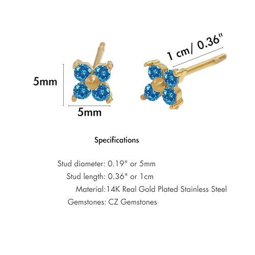 QueenBee 14K Gold Plated Ivy Flower Birthstone Stud Earrings for Women Dainty Floral Gemstone Studs Unique Jewelry Gift for Her - color: Mar-Aquamarine
