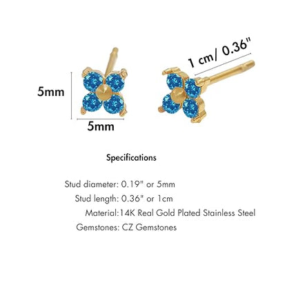 QueenBee 14K Gold Plated Ivy Flower Birthstone Stud Earrings for Women Dainty Floral Gemstone Studs Unique Jewelry Gift for Her - color: Mar-Aquamarine