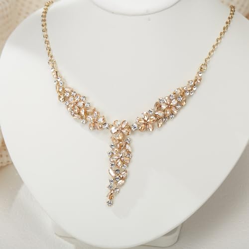 EleQueen Statement Sparkle Crystal Necklace Bracelet Dangle Earrings Set for Women, Art Deco Prom Chandelier Jewelry for Wedding Bridal - color: Brown Gold-Plated-Base