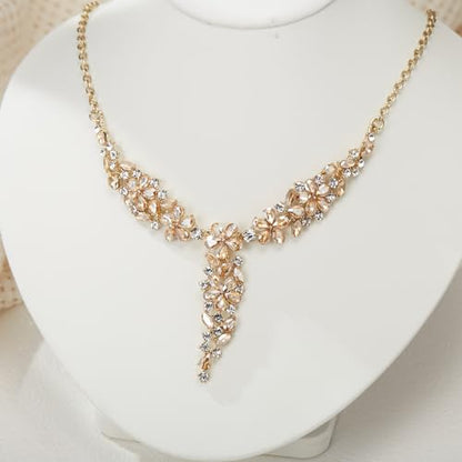 EleQueen Statement Sparkle Crystal Necklace Bracelet Dangle Earrings Set for Women, Art Deco Prom Chandelier Jewelry for Wedding Bridal - color: Brown Gold-Plated-Base