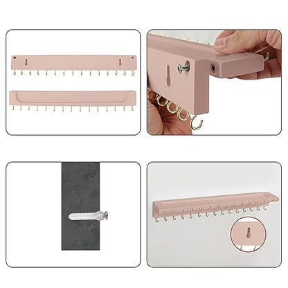 YYILIS Necklace Holder, Upgraded Extra Large Wall Necklace Organizer with 30 Hooks Wall Mounted Necklace Hanger with Jewelry Tray/Cosmetics Shelf Rustic Pine Wood Holder (Pink) | 30 Hooks Wall Mounted Necklace Hanger with Jewelry Tray/Cosmetics Shelf Rust