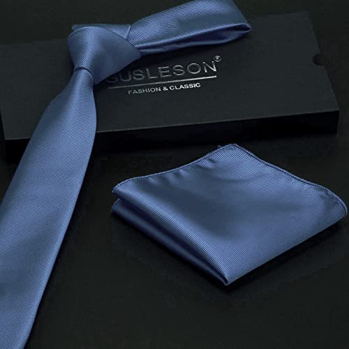 GUSLESON 2.4" Slim Necktie and Handkerchief Set For Men Solid Skinny Tie Set - color: Dusty Blue