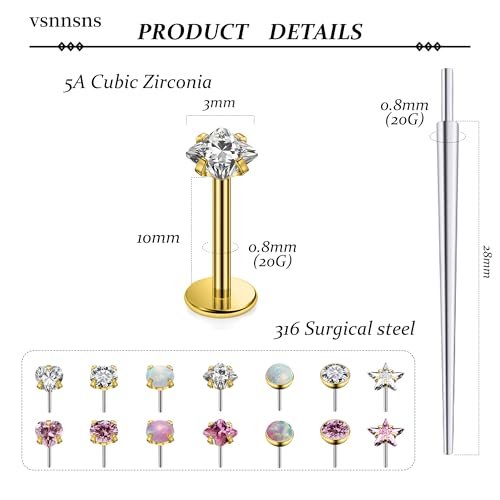 Vsnnsns 14K Gold Plated 16G 18G 20G Threadless Nose Rings Studs Flat Back Earrings Stainless Steel Tragus Helix Conch Earrings Stud Snake Bite Lip Rings Labret Medusa Piercing Jewelry for Women Men - color: 14K Gold Plated-20G-10MM Bar Lenght