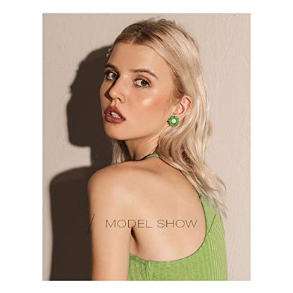 Crystal Flower Burst Stud Earirings - Big Sterling Silver CZ Cubic Zirconia Rhinestone Daisy Sunflower Floral Cluster Studs Bridal Wedding Party Prom Costume Jewelry for Bride Bridesmaids Women Birthstone Birthday Gift - color: Green