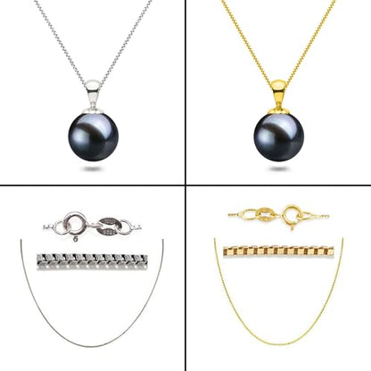 AAAA Black Japanese Akoya Cultured Pearl Pendant, Solitaire Style for Women, 14k White or Yellow Gold Plated Sterling Silver, 16-18" Box Chain, Gift Box & Certificate