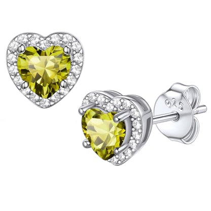 Bestyle 8mm Small Birthstone Earrings for Women with Hypoallergenic Sterling Silver Post,Sparkle Heart/Round Womens Studs Earrings, Great Birthday/Christmas/Anniversary Jewelry for Wife Mother - color: 08. Aug.Peridot-Heart