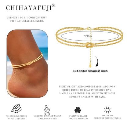 Sterling Silver Ankle Bracelets for Women 14K Gold Waterproof Layered Braided Chain Knot Charm Stackable Adjustable Non Tarnish Nickel Free Anklets Bracelet for Summer Beach Jewelry - color: goldA
