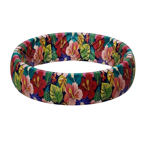 Egnaro Silicone Statement Ring Women, Floral Patterned Rubber Wedding Band | 5.2mm Wide 2mm Thick Printed Style, Inner Arch and Breathable X Grooves for Gym Workout Travel Work Pregnancy Daily Wear - color: SETH-Tropical Hibiscus
