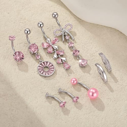 G&O JFU 9 Pcs Belly Button Ring Dangle Hypoallergenic Surgical Stainless Steel Heart Flower Pearl Bow Dangly Belly Rings for Women 14G Clicker Floating Navel Piercing Jewelry - color: Silver Pink