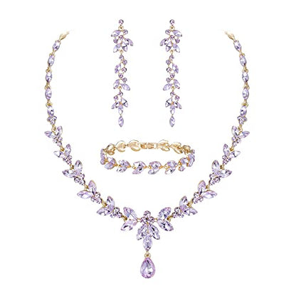 EVER FAITH Marquise Crystal Leaf Bridal Prom Jewelry Set for Women Bride | Rhinestone Wedding Party Necklace Dangle Earrings Tennis Bracelet, for Bridesmaid - color: Light Purple Gold-Plated-Base
