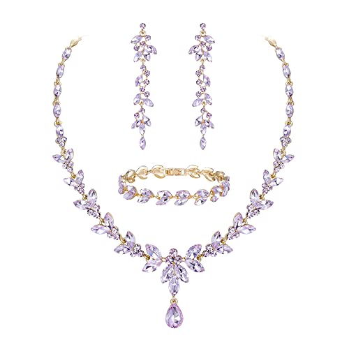 EVER FAITH Marquise Crystal Leaf Bridal Prom Jewelry Set for Women Bride | Rhinestone Wedding Party Necklace Dangle Earrings Tennis Bracelet, for Bridesmaid - color: Light Purple Gold-Plated-Base